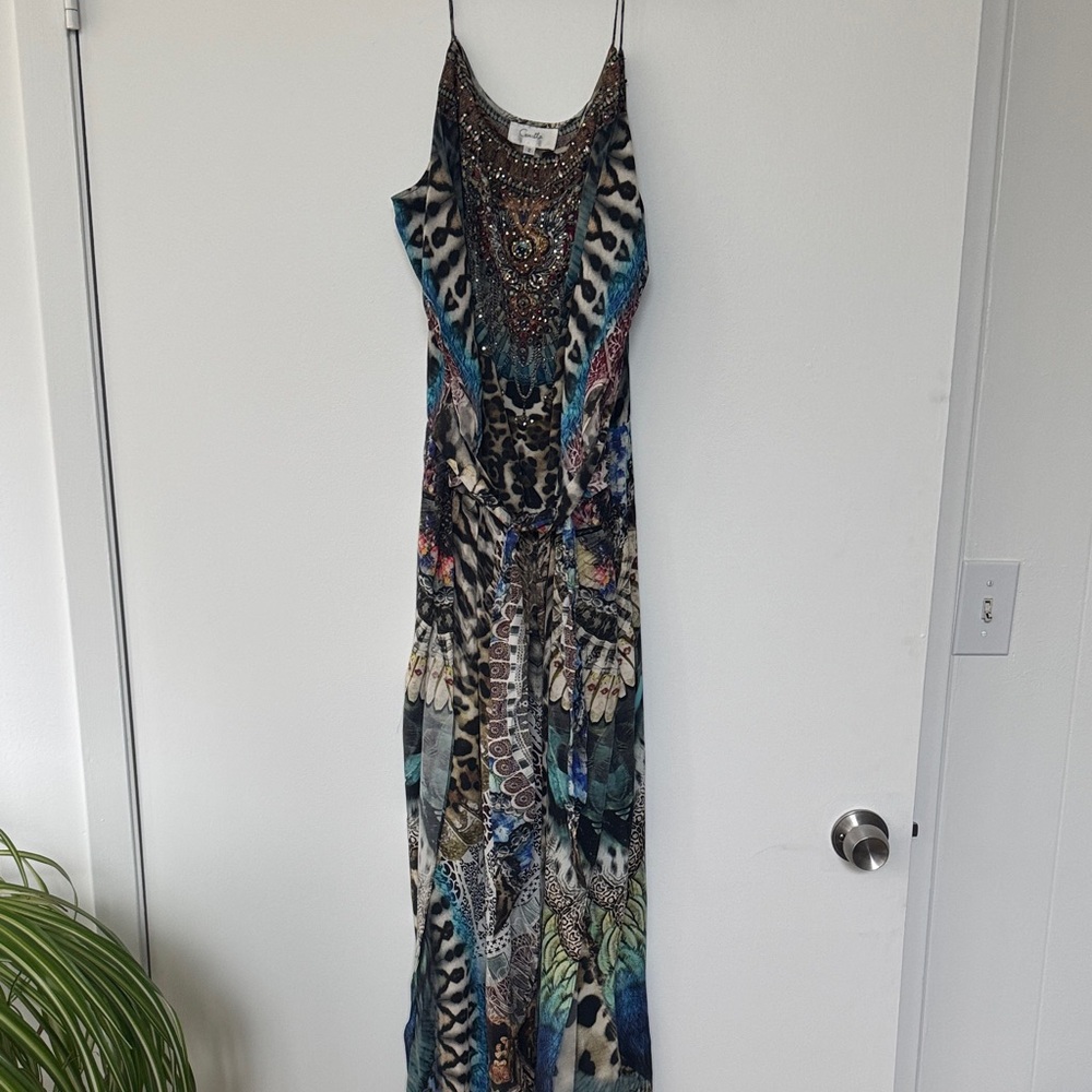 Camilla Beaded Multi-Print Maxi Dress in Teal, Blue & Black
